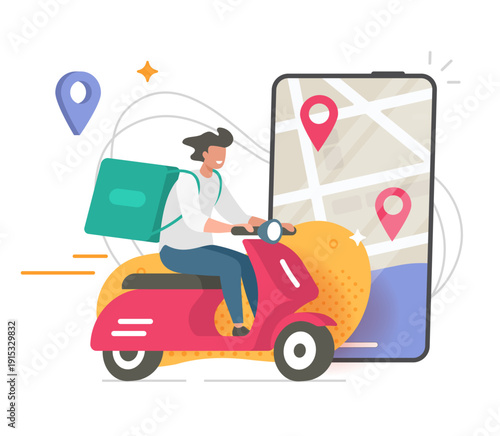 Food delivery on scooter bike courier icon vector, modern smartphone mobile app order package shipping man character rider on moped fast speed, logistic navigation service on cellphone city map tech
