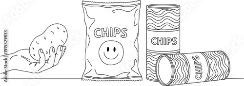 Potato Chips Packaging Line Art Vector Illustration Featuring Hand Holding Potato, Snack Bags, and Can Containers for Food Branding Designs