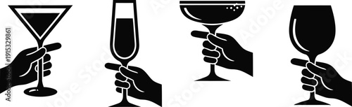 Cocktail, barware, martini glasses, coupe glasses, and highball glasses. 