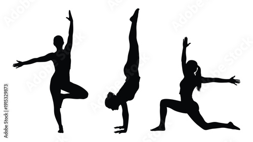 Three silhouettes of people performing various yoga poses against a white background isolated on white background, Vector
