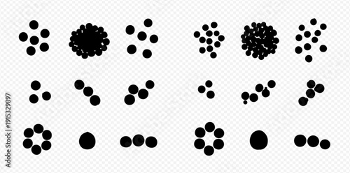Set of black dots, circles, and spheres in various arrangements and densities, representing groups and clusters.