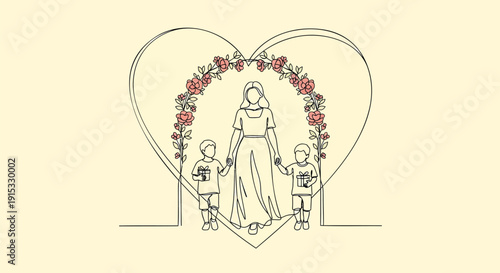 Mother and two children standing inside a heart shaped floral wreath vector illustration