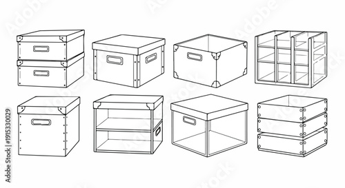Various types of boxes and crates illustrated in black and white Vector