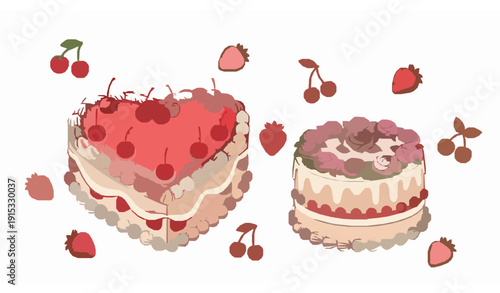 Retro Sweet Vanilla Strawberry Cherry Cake Vector Art for T Shirt Apparel and Poster Print