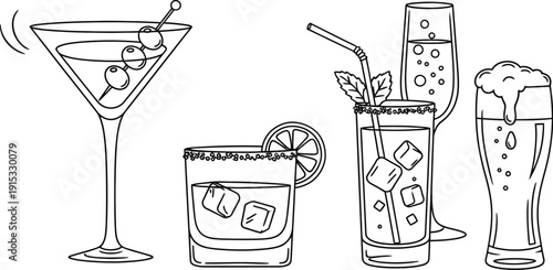 Cocktail, barware, martini glasses, coupe glasses, and highball glasses. 