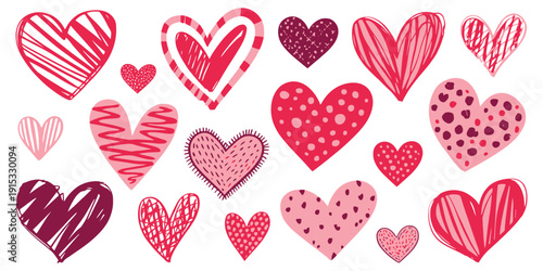 Collage Hearts with Patterns and Doodles, Hand Drawn Valentine’s Day Decor Elements, Cut Out Paper Scrapbook Pieces, Love and Caring Symbol Vector Illustration Set