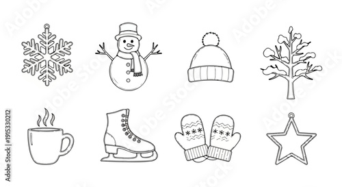 A collection of winter-themed illustrations featuring snow and holiday icons Vector