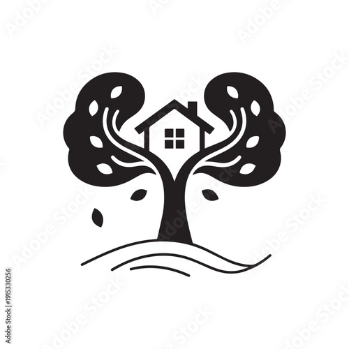 Black House Silhouette Framed by Symmetrical Leafy Trees on Rolling Hills.