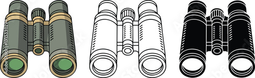 Binocular silhouette & Outline and illustration set isolated on transparent background