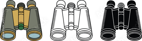 Binocular silhouette & Outline and illustration set isolated on transparent background