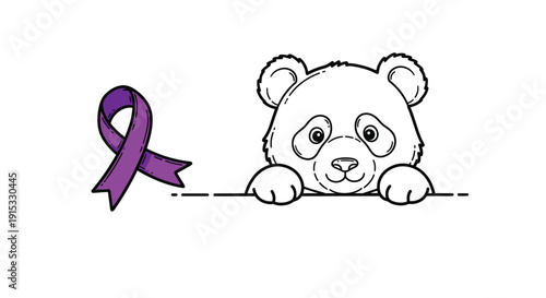 Panda Cub Peeking Over Dashed Line with Purple Ribbon
