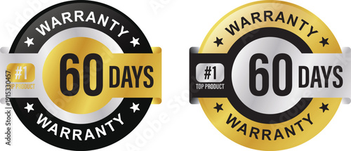 Premium 60-day warranty vector circle badge in black, gold, and silver. Perfect for product guarantees, icons, logos, symbols, seals, stickers, quality assurance, labels, and certifications.