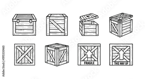 Various types of wooden crates and boxes with different designs and labels Vector