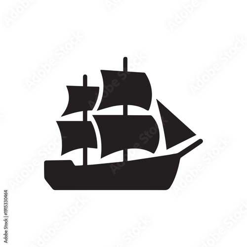 Classic Three Masted Sailing Ship Black Vector Silhouette Nautical Ocean Vessel Mascot Logo. 