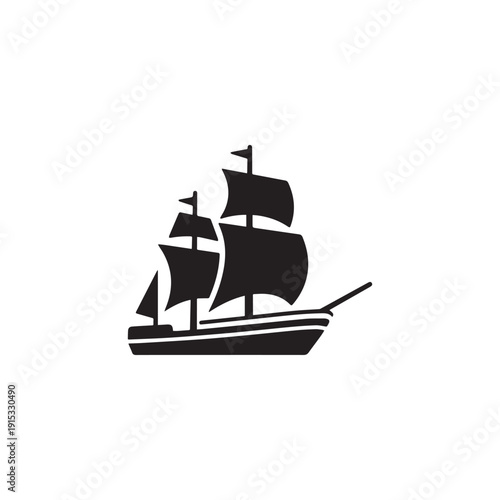 Classic Three Masted Sailing Ship Black Vector Silhouette Nautical Ocean Vessel Mascot Logo. 