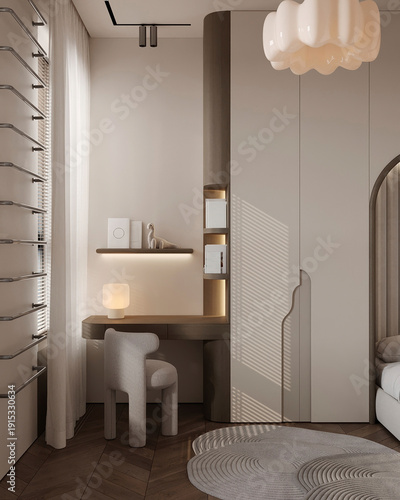 Foto Contemporary bedroom interior with compact built-in desk, floating shelves and soft neutral palette