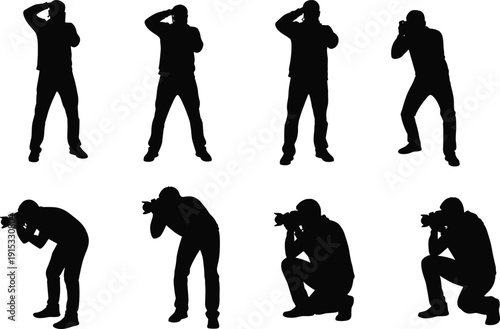 Photographer silhouette set capturing images with camera in various poses isolated on white background professional photography vector illustration