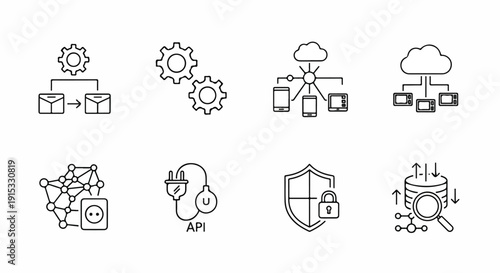 Icons representing various aspects of software development and cybersecurity Vector