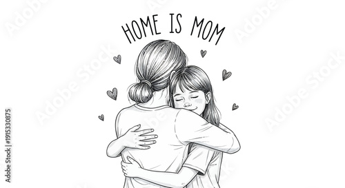 Vector illustration of a mother and daughter hugging with hearts and text 'Home is Mom'