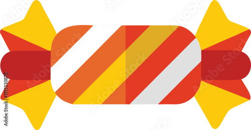 Christmas candy in striped wrapper with gold and red ends, flat design vector