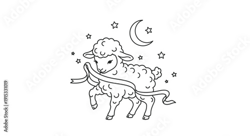 Cute Wolf with Ribbon under Moon and Stars