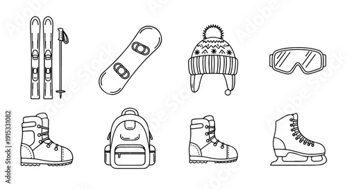 A variety of winter sports equipment including skis, snowboards, and ice skates Vector