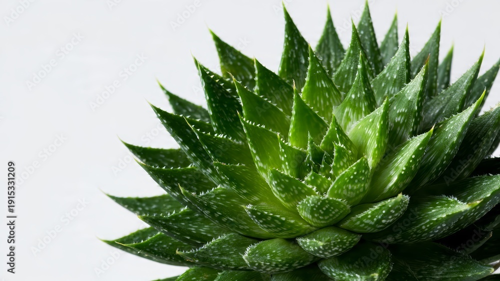 Fototapeta premium Close-up of a vibrant green Aloe Vera succulent plant with textured leaves and white spots, isolated on a plain white background.