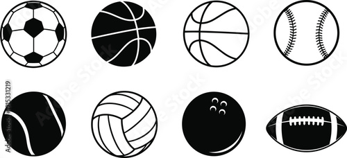 Sports ball icon set including soccer basketball baseball tennis volleyball bowling and american football isolated vector illustration