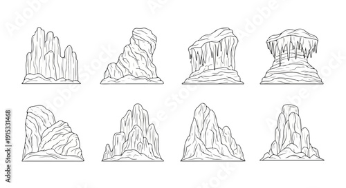 A collection of intricate mountain range line drawings Vector