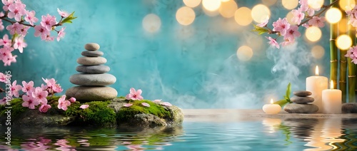 Panel kuchenny z motywem Zen spa composition with balanced stone cairns, pink cherry blossoms, candles and soft bokeh lights reflecting on calm water for meditation and wellness.