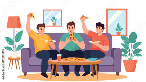 Group of three young male friends enjoying a casual meal of pizza and drinks while sitting together on a comfortable purple sofa.
