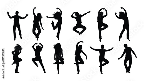 Silhouettes of people dancing in various styles and poses on a white background isolated on white background, Vector