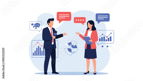 Male news reporter interviewing a professional business woman with speech bubbles and financial growth charts in the background.