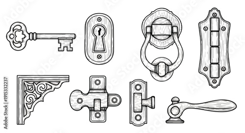 A collection of various antique and vintage metal keys and locks Vector