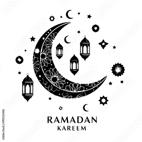 Ramadan Kareem greeting with crescent moon and lanterns, Islamic celebration