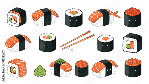 Delicious assortment of various sushi types including nigiri, maki rolls, and sashimi served with wasabi and wooden chopsticks.