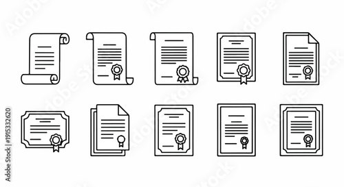 Assorted documents and certificates with seals and scrolls in a variety of styles Vector