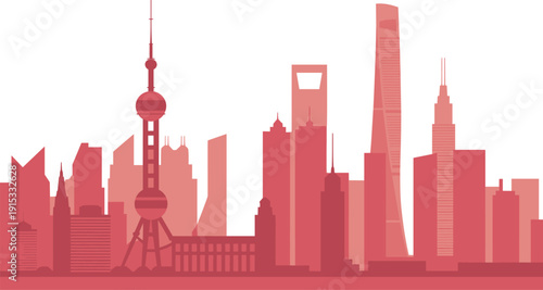 Shanghai city skyline silhouette illustration, modern urban architecture, Oriental Pearl Tower, financial district, China metropolis, skyscrapers, vector cityscape, travel design