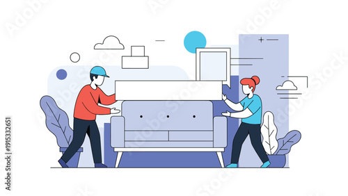 Pair of professional movers carefully carrying a large purple sofa into a new home with stylized blue and white background elements.