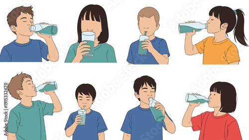 Group of eight diverse children staying hydrated by drinking fresh water from various glasses and bottles against a white background.