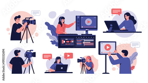Multiple scenes showcasing the video production process including filming with cameras, editing on computers, and watching content.