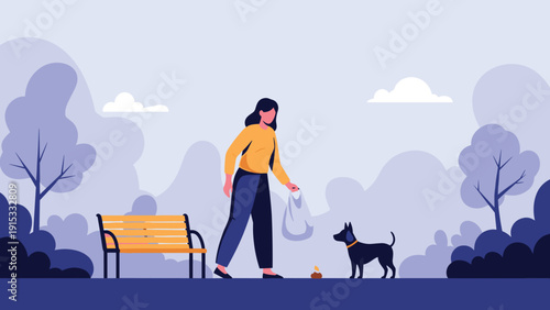 Responsible pet owner picking up her dog waste with a plastic bag in a peaceful neighborhood park with trees and a bench.
