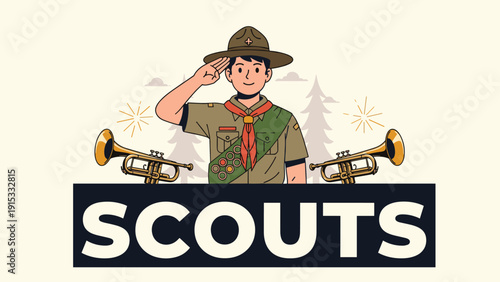 Young boy scout in uniform saluting with bugles in a forest background to celebrate scouting achievements and traditions.