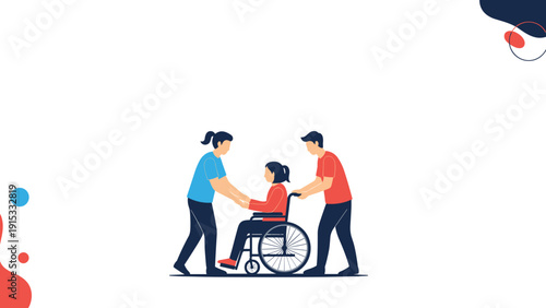 Caregivers assisting a disabled person in a wheelchair by pushing her along a clean white path during a rehabilitation session.