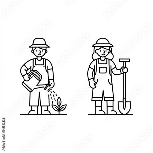 Two gardeners with a watering can and shovel