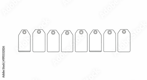 Seven blank white tags with rounded corners and holes at the top. Vector