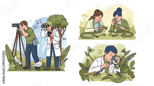 Team of naturalists observing birds and examining reptiles and insects in the wild to study biodiversity and local ecosystems.