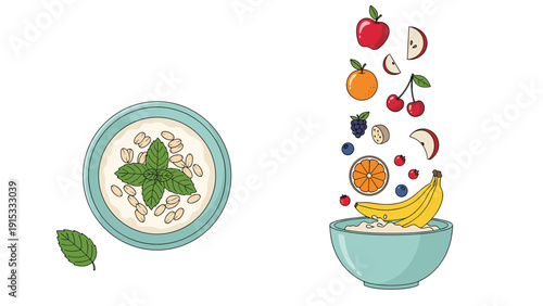 Nutritious bowl of oatmeal topped with mint leaves alongside a dynamic splash of fresh falling fruits like bananas and berries.