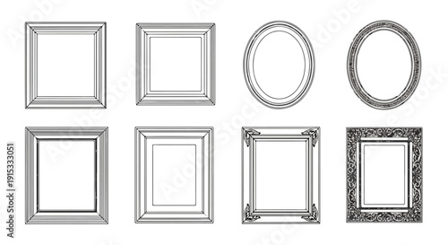 A variety of ornate frames in different shapes and styles displayed in a row. Vector