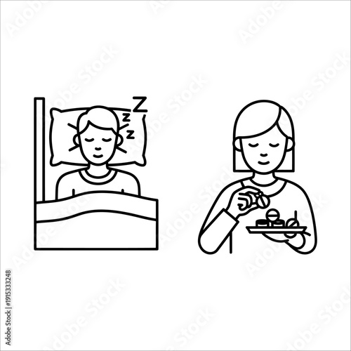 A woman brings breakfast to a sleeping man